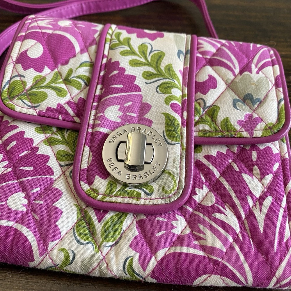 Vera Bradley Turnlock Crossbody Wallet Julep Tulip Pink White Green Floral Print - Picture 2 of 10